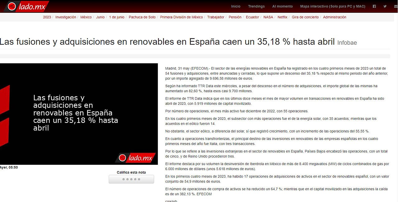 Las fusiones y adquisiciones en renovables en Espaa caen un 35,18 % hasta abril